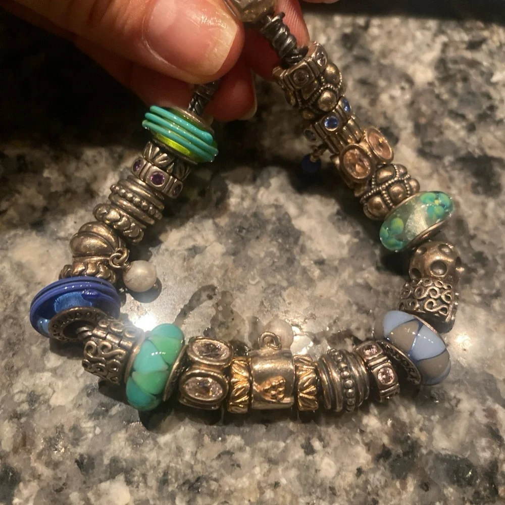 Pandora Moments Silver Bracelet with Blue green murano glass Charms - Picture 8 of 11